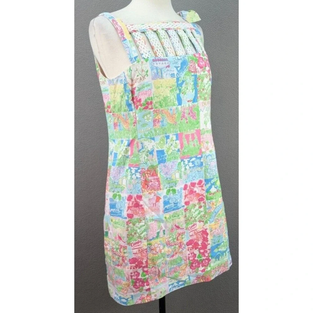 Lilly Pulitzer Shift Dress Sz 6 Multicolor Patchwork Sleeveless Bow Strap Resort - Picture 8 of 16
